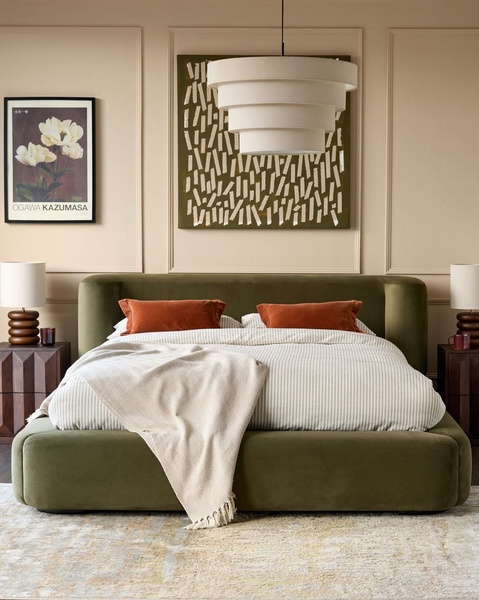 upholstered bed frame, velvet bed, platform bed, bedroom furniture, queen bed frame, king bed frame, new arrival, bestseller push, lifestyle, calm, luxurious, green, neutral, brown